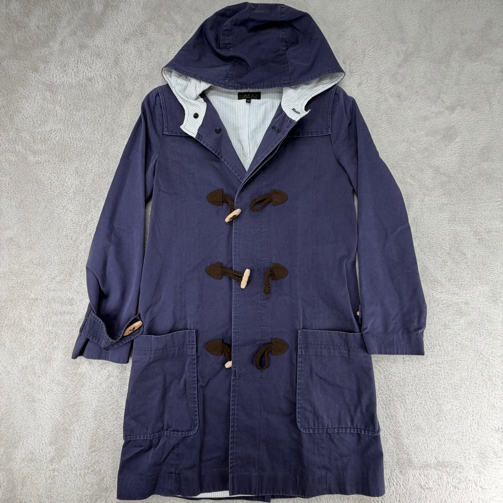 A.P.C. Womens Duffle Coat XS Blue Toggle Hooded Cotton Preowned Striped Lining